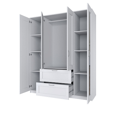 Шкаф четырехдверный с выдвижным ящиком и двумя зеркалами, цвет белый