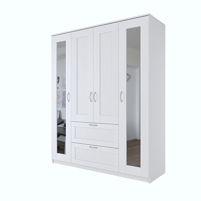 Шкаф четырехдверный с выдвижным ящиком и двумя зеркалами, цвет белый