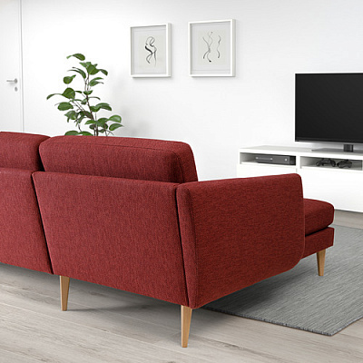 SMEDSTORP 4-местный диван с козеткой, Lejde/красный/коричневый дуб