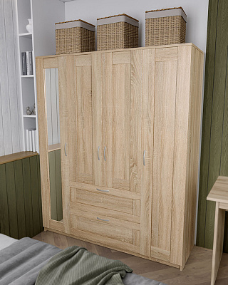 Шкаф четырехдверный с двумя выдвижными ящиками и зеркалом, цвет Дуб Сонома